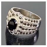 Sterling Silver, Marcasite & Faceted Onyx Ring