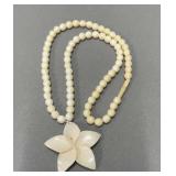 Carved Ivory Beaded Necklace w/Flower Pendant