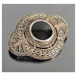 Sterling Silver, Marcasite & Onyx Brooch