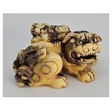 Netsuke- Antique carved ivory lion with pups
