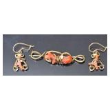 Victorian Gold Filled Coral Pin + Earring Set