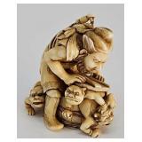 Netsuke-carved ivory warrior & children