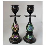 Ukrainian Hand Painted Black Lacquer Candlesticks