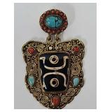 Tibetan-Style Brass Dzi Bead Pendant