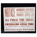 Pennsylvania Railroad Schedule Change Notice Sign