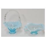 Fenton Blue Opalescent Hobnail Basket & Candy Dish