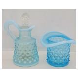 Fenton Blue Opalescent Hobnail Top Hat & Cruet
