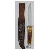 K-Bar Fixed Blade Knife w/Tooled Leather Sheath