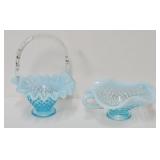 Fenton Blue Opalescent Hobnail Basket & Candy Dish