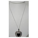 Sterling Silver, Marcasite & Onyx Heart Necklace