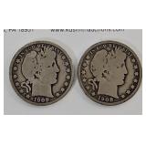 Coin - 1908O & 1909 Barber Silver Half Dollars
