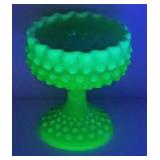 Fenton Green Opalescent Vaseline Glass Compote