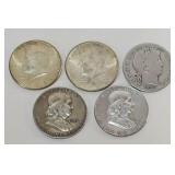 (5) US Silver Half Dollars
