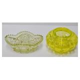 Yellow Vaseline Uranium Glass Jar & Hobstar Bowl