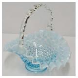 Fenton 7 1/2' Blue Opalescent Hobnail Glass Basket