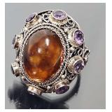 Sterling Silver Amethyst & Amber Ring