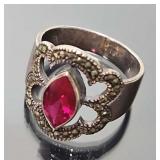 Sterling Silver, Marcasite & Red Gemstone Ring