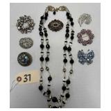 Vintage Freirich Beaded Necklace & Rhinestone Pins