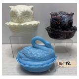 (3) Glass Owls & Swan on Nest Candy Dishes