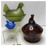 Glass Lidded Bowl -Hens on Nests, Dog Finial