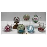 (7) Art Glass Paperweights - Flowers, Birds