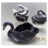 Amethyst Slag Glass Swan Bowl & Swans on Nests