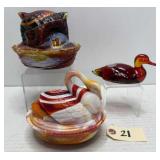 Amberina Slag Glass Owl & Swan Candy Dish & Duck