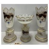 3pc Victorian Hand Painted Glass Mantle Garnitures