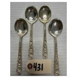 (4) S. Kirk & Son Repousse Sterling Soup Spoons
