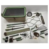 Vintage Green & Cream Kitchen Tools & Bread Box