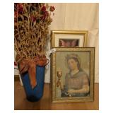 Tin Floral Vase w/ Dried Flowers & Wall Art