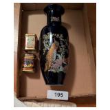 Black Asian Themed Vase w/ Peacocks &