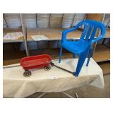 Plastic Childs Chair & Small Metal Red Wagon
