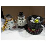 (2) Metal Snowmen, Ball Ornaments Wicker Hat Decor