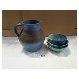 Stoneware Pitcher & (3) Small Bowls