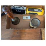 Focal Glasses, Bell, Motor Oil Tin & Flashlight