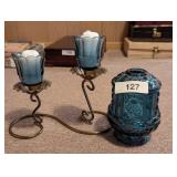 Blue Glass Candle Holders w/ Extra Candles