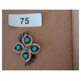 Vintage Brooch Geometric Floral Pattern Blue