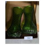(2) Hoosier Glass Green Vases