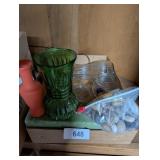 Green Vase, Small Painted Orange Vase, +