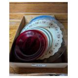 Red Glass Bowl, (4) Currier & Ives Plates &