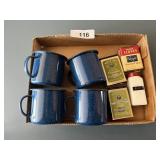 (4) Enamelware Coffee Cups, Vintage Tins, +