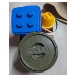 Toy Canisters w/ Some Parts, Books & Crayons