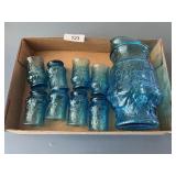 1970s Turquoise Pitcher & (8) Juice Glasses