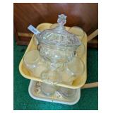 Pedestal Candy Dish (Lid is Chipped) & Clear Jars