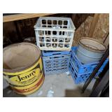 Plastic Milk Crates & Cardboard Advert. Canister,