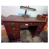 Kneehole Desk w/ Dark Cherry Finish w/ Desk Lamp