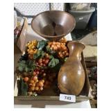 Wooden Fruit Bowls & Artificial Grapes