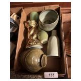 Green Pottery + Gold Tone Candle Holder