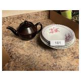(4) Serving Bowls, Pottery Tea Pot w/ Chipped Lid